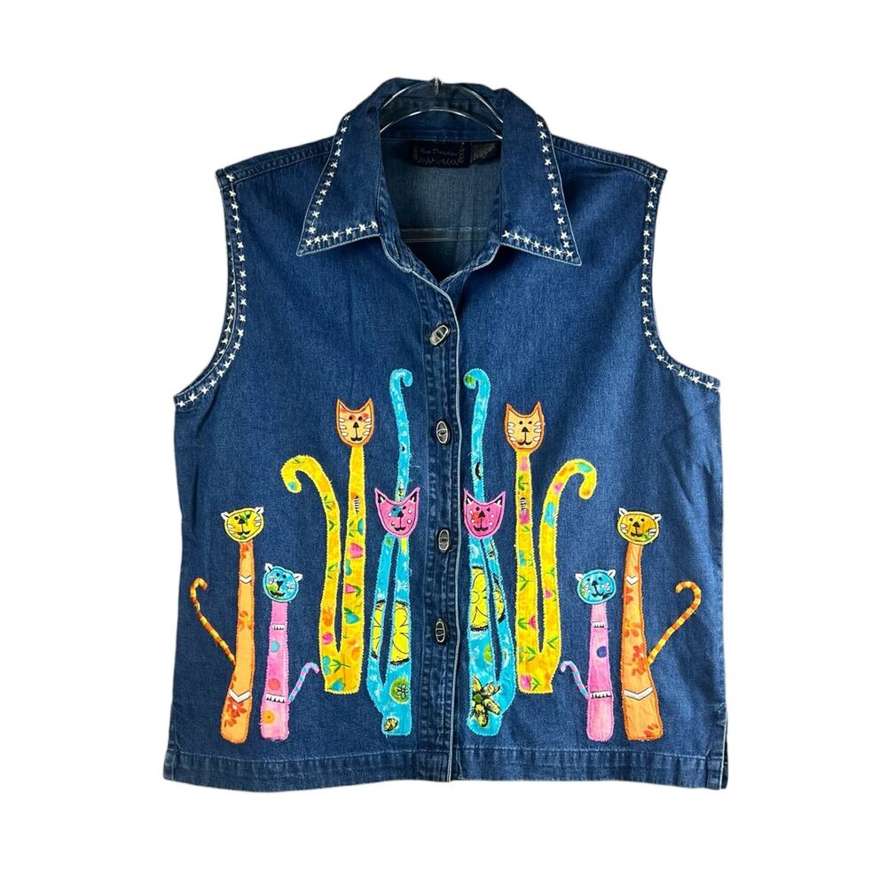 Vintage Y2K Embroidered Cat Denim Vest Folk Art Cottagecore Top Size L - Picture 2 of 7